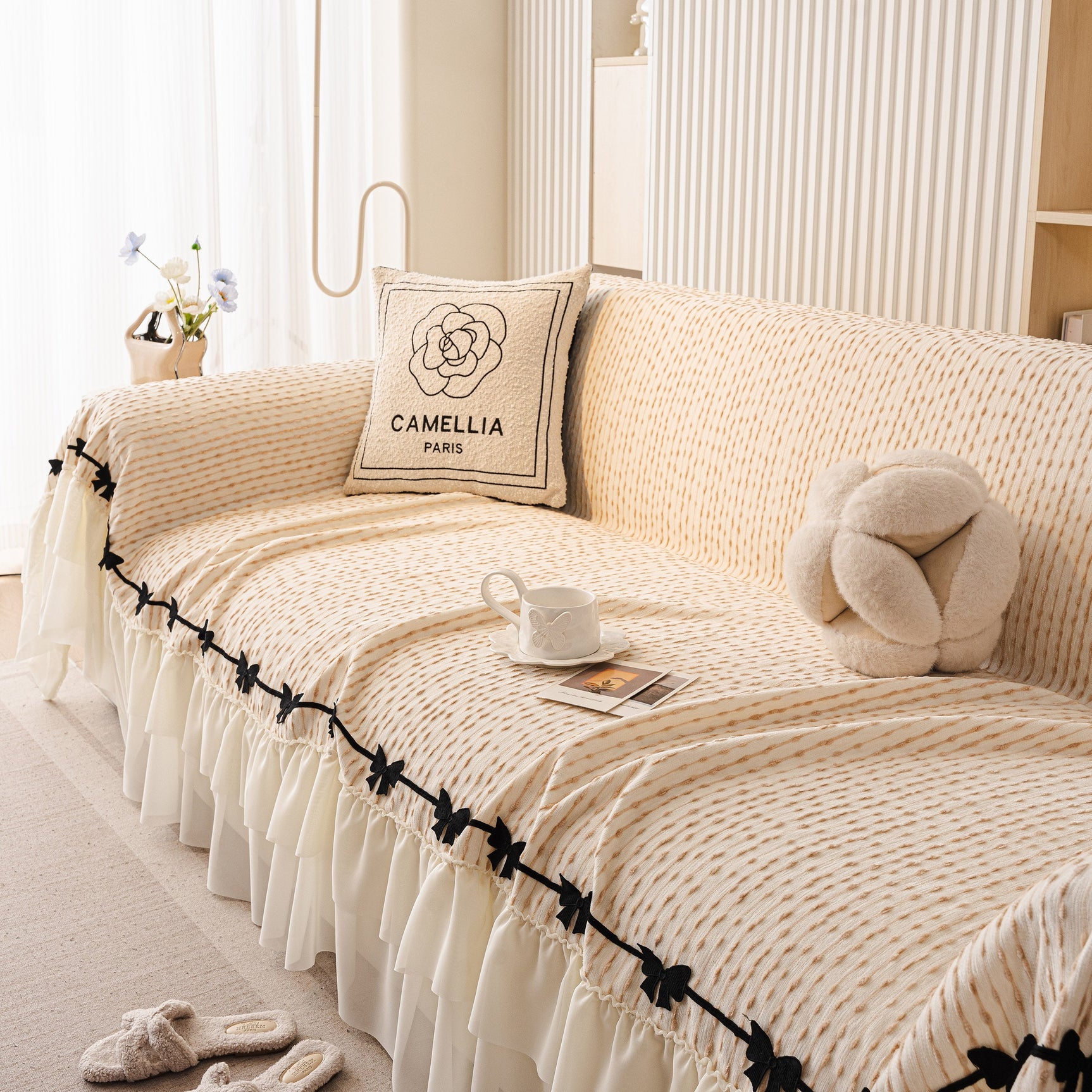 Ruffled Sofa Cover with Bowknot Decor, French Country Style Skirted Couch Slipcover - Ornate Home