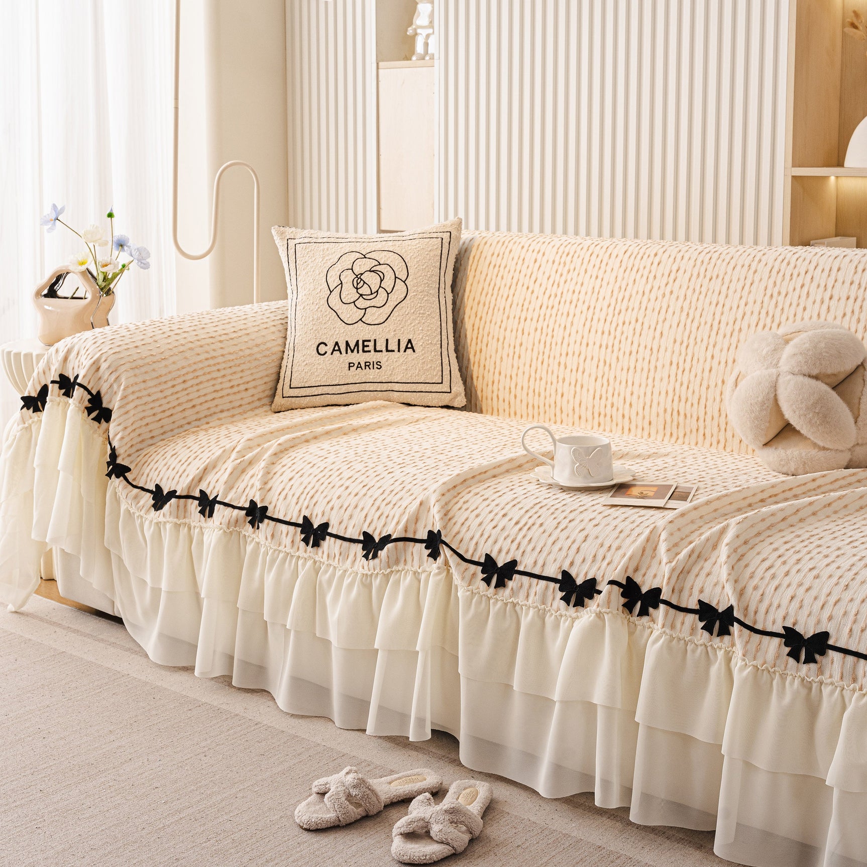 Ruffled Sofa Cover with Bowknot Decor, French Country Style Skirted Couch Slipcover - Ornate Home