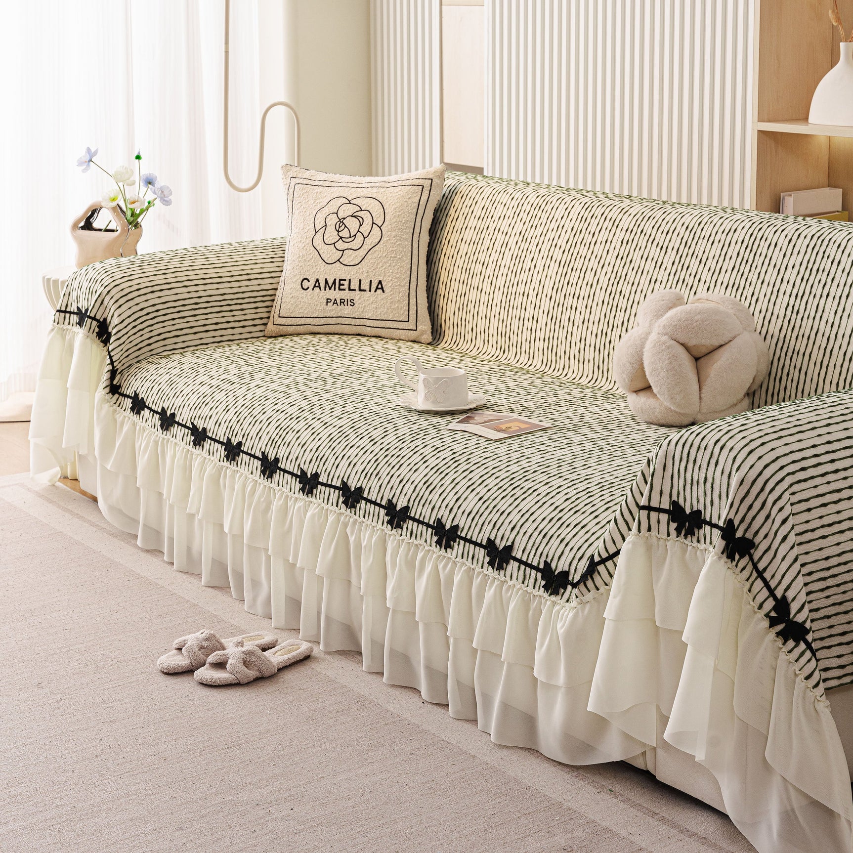 Ruffled Sofa Cover with Bowknot Decor, French Country Style Skirted Couch Slipcover - Ornate Home