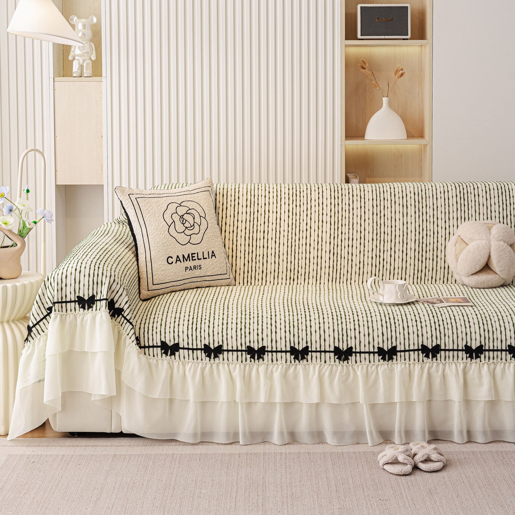 Ruffled Sofa Cover with Bowknot Decor, French Country Style Skirted Couch Slipcover - Ornate Home