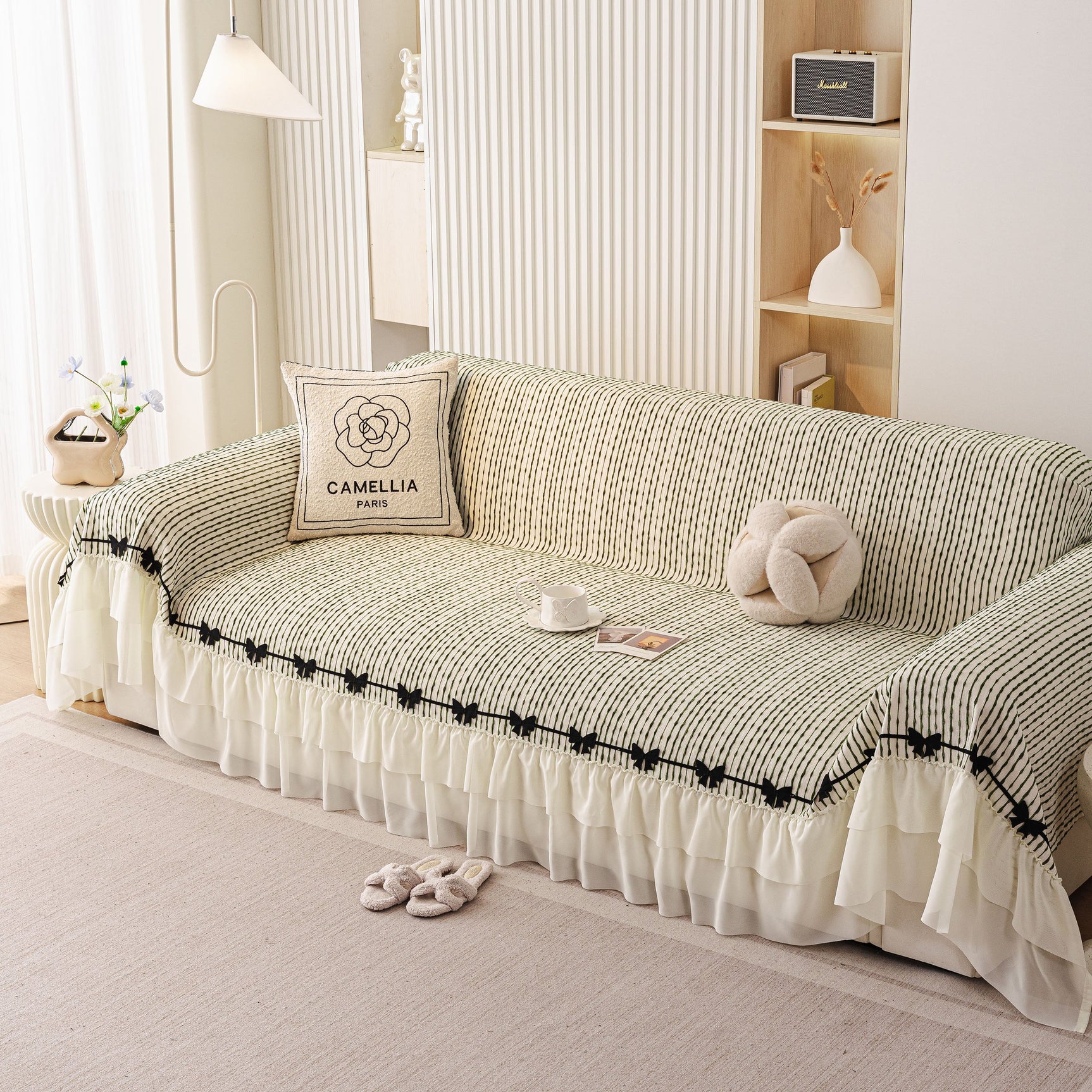 Ruffled Sofa Cover with Bowknot Decor, French Country Style Skirted Couch Slipcover - Ornate Home