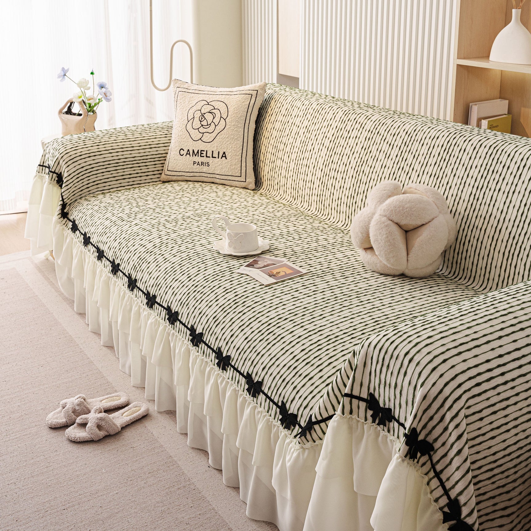 Ruffled Sofa Cover with Bowknot Decor, French Country Style Skirted Couch Slipcover - Ornate Home