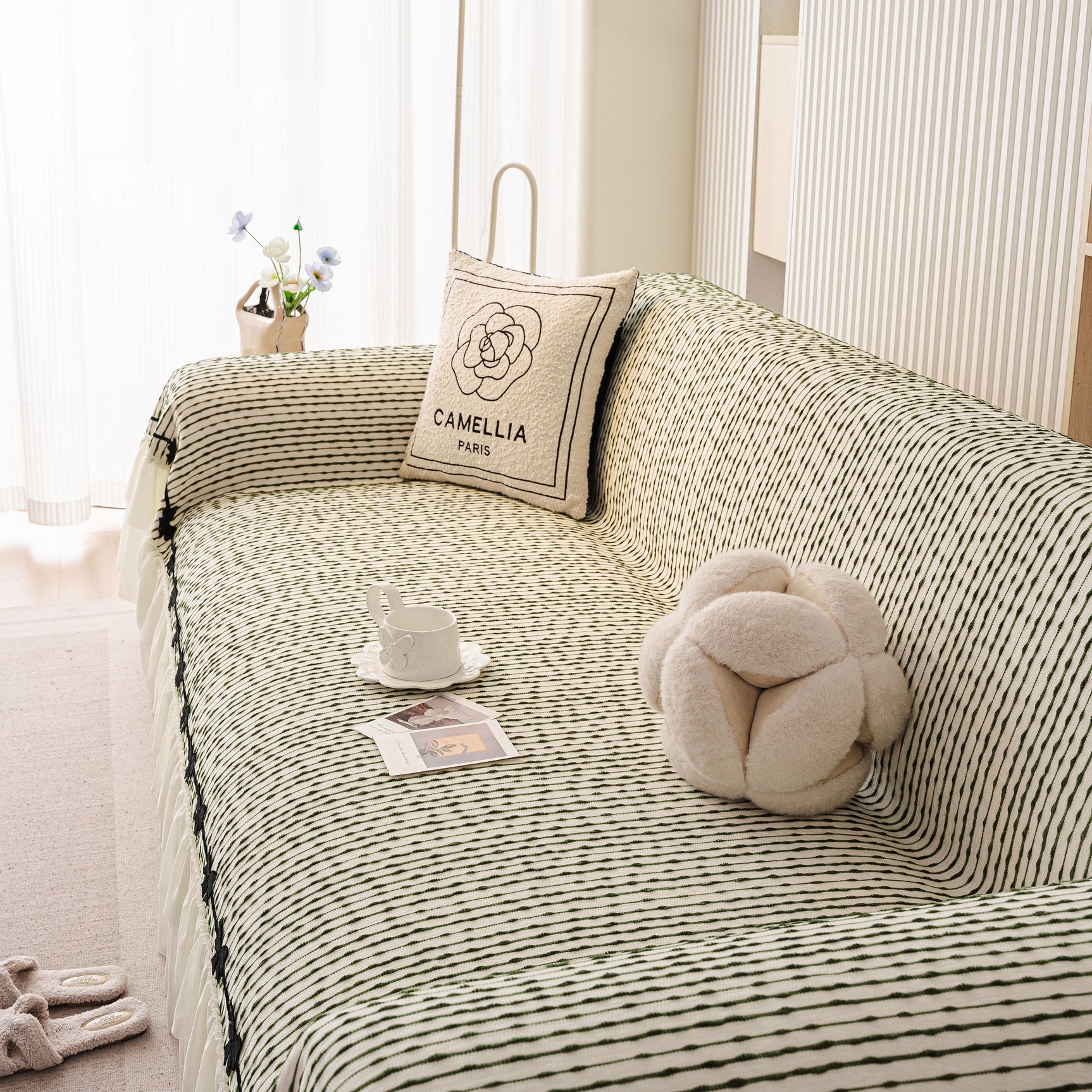 Ruffled Sofa Cover with Bowknot Decor, French Country Style Skirted Couch Slipcover - Ornate Home