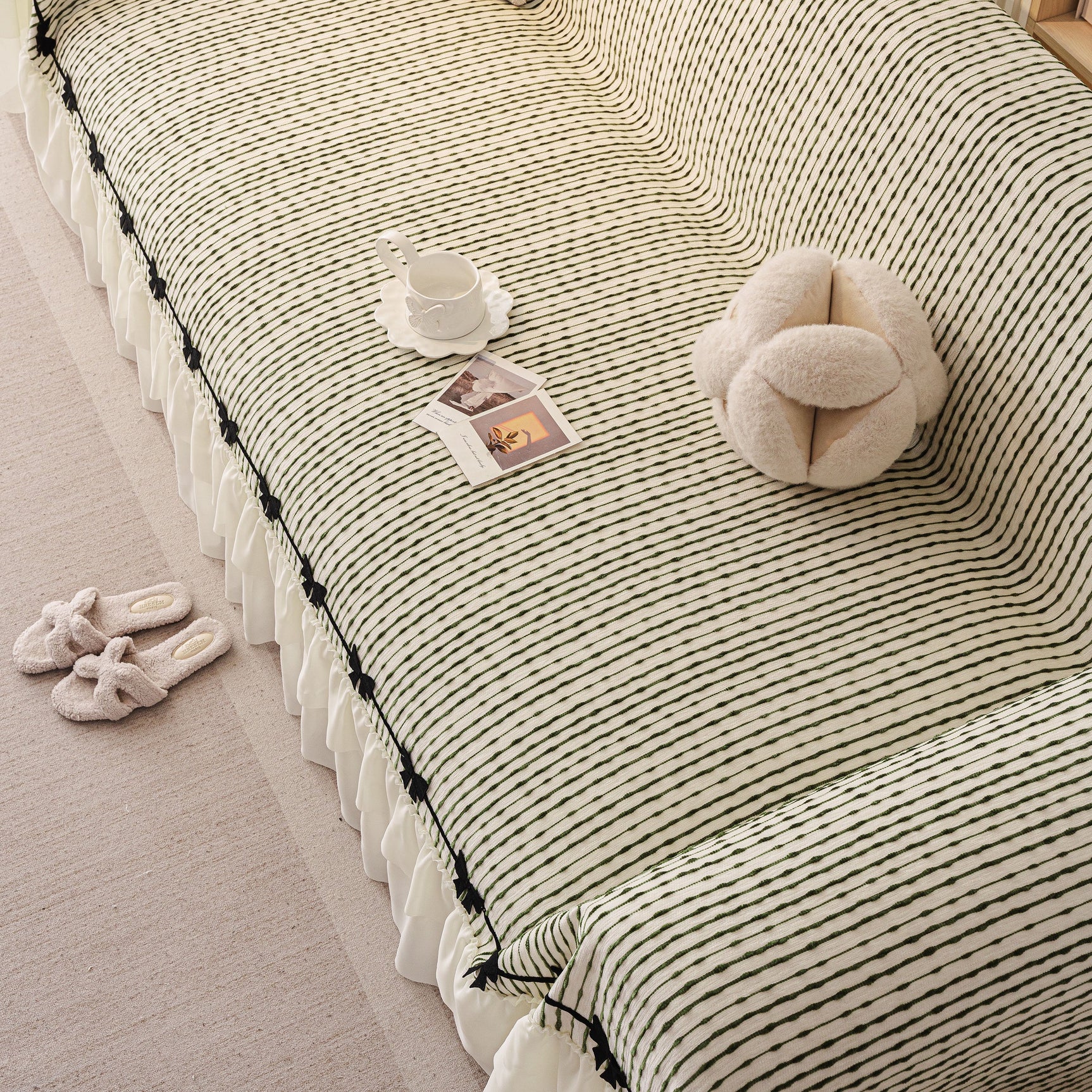 Ruffled Sofa Cover with Bowknot Decor, French Country Style Skirted Couch Slipcover - Ornate Home