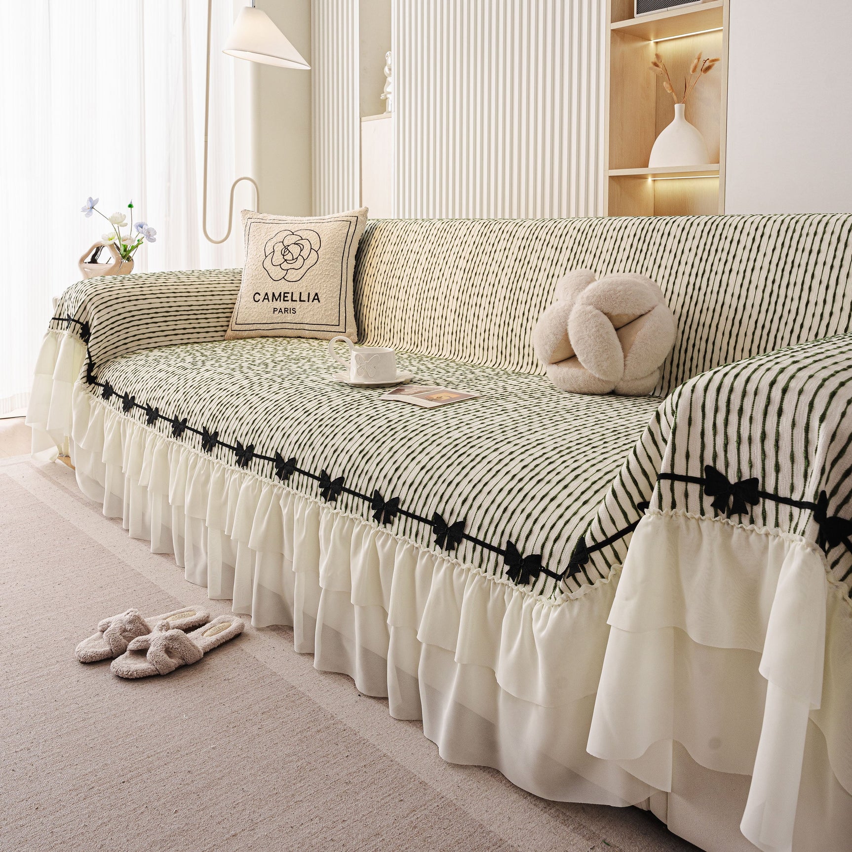Ruffled Sofa Cover with Bowknot Decor, French Country Style Skirted Couch Slipcover - Ornate Home