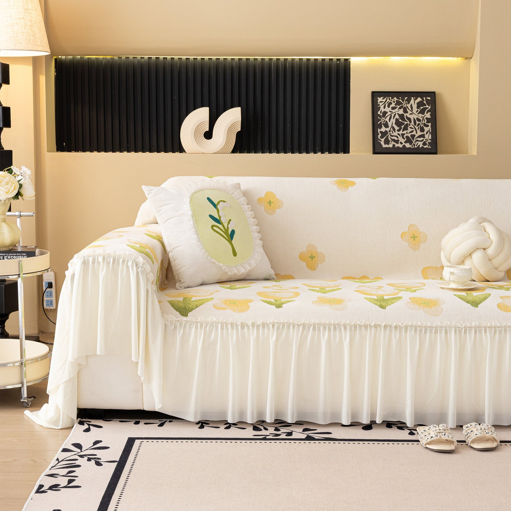Ruffled Sweet Floral Sofa Cover with Skirt, Soft and Decorative Couch Throw Cover - Ornate Home