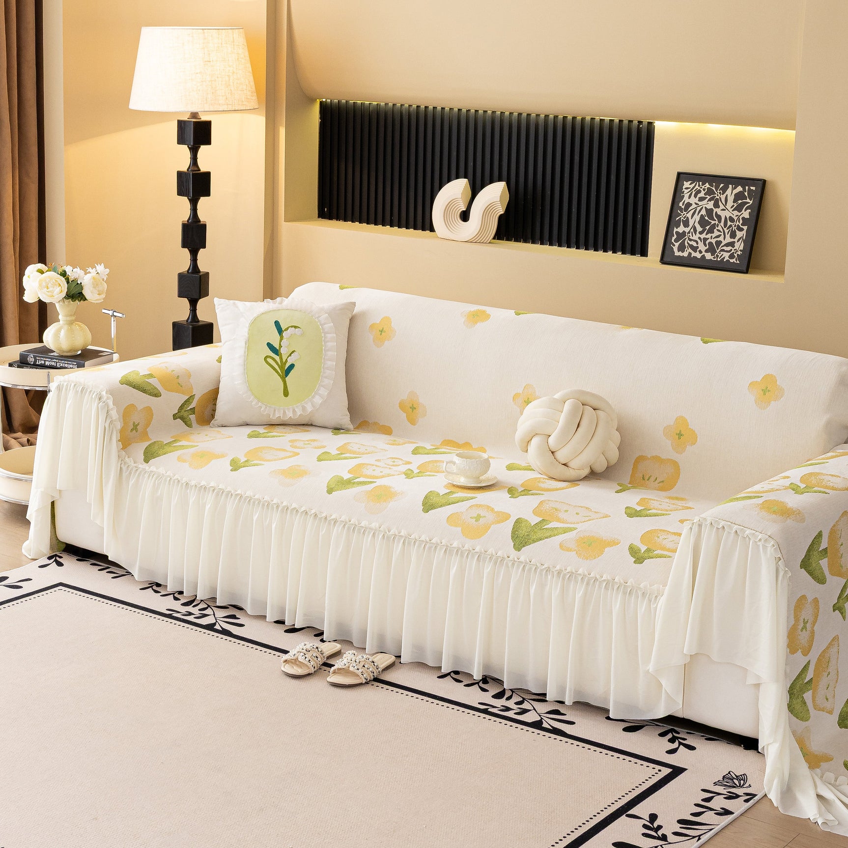 Ruffled Sweet Floral Sofa Cover with Skirt, Soft and Decorative Couch Throw Cover - Ornate Home