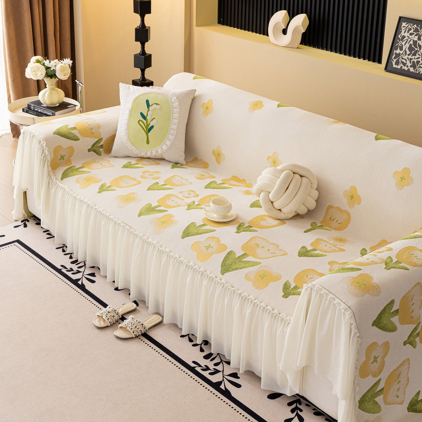 Ruffled Sweet Floral Sofa Cover with Skirt, Soft and Decorative Couch Throw Cover - Ornate Home