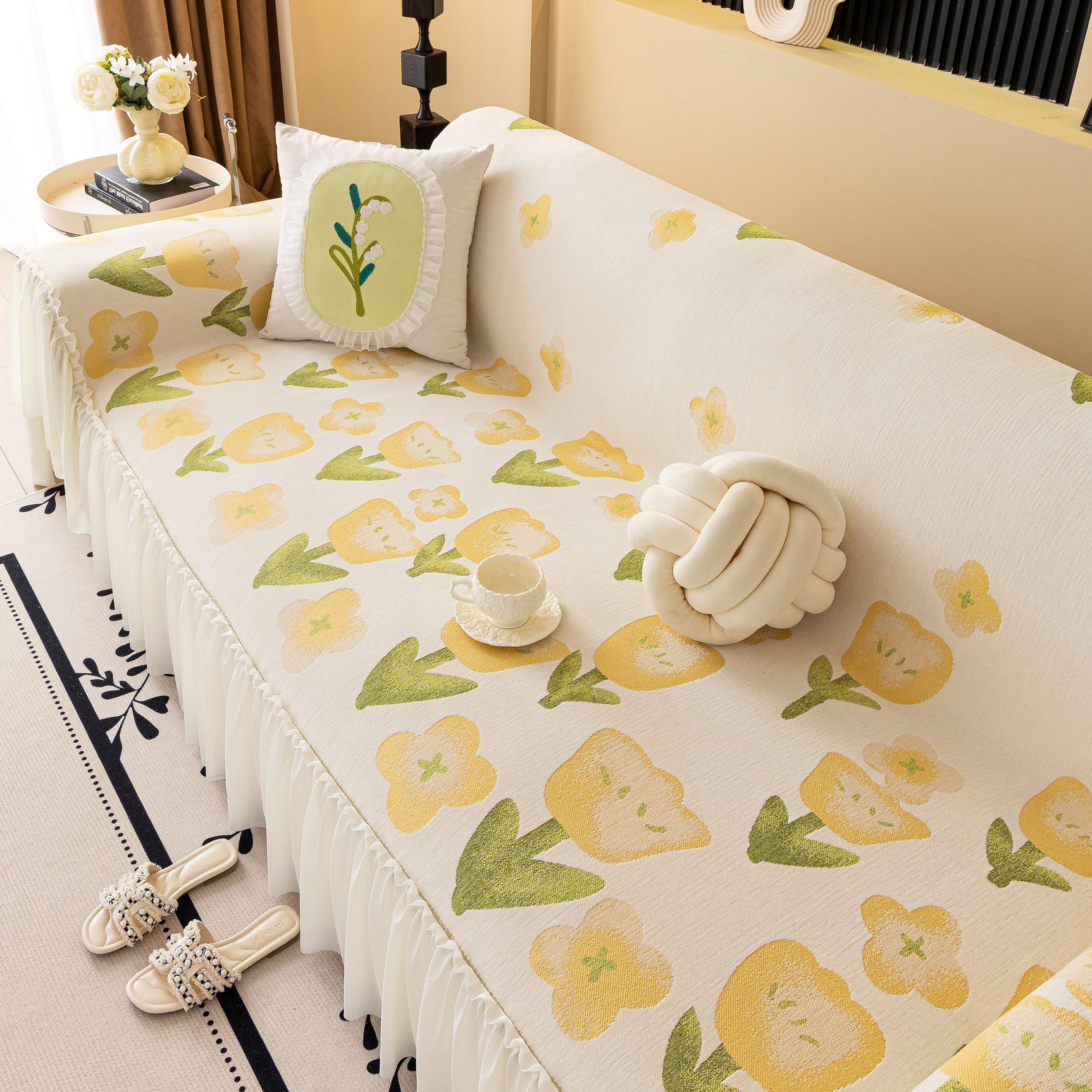 Ruffled Sweet Floral Sofa Cover with Skirt, Soft and Decorative Couch Throw Cover - Ornate Home