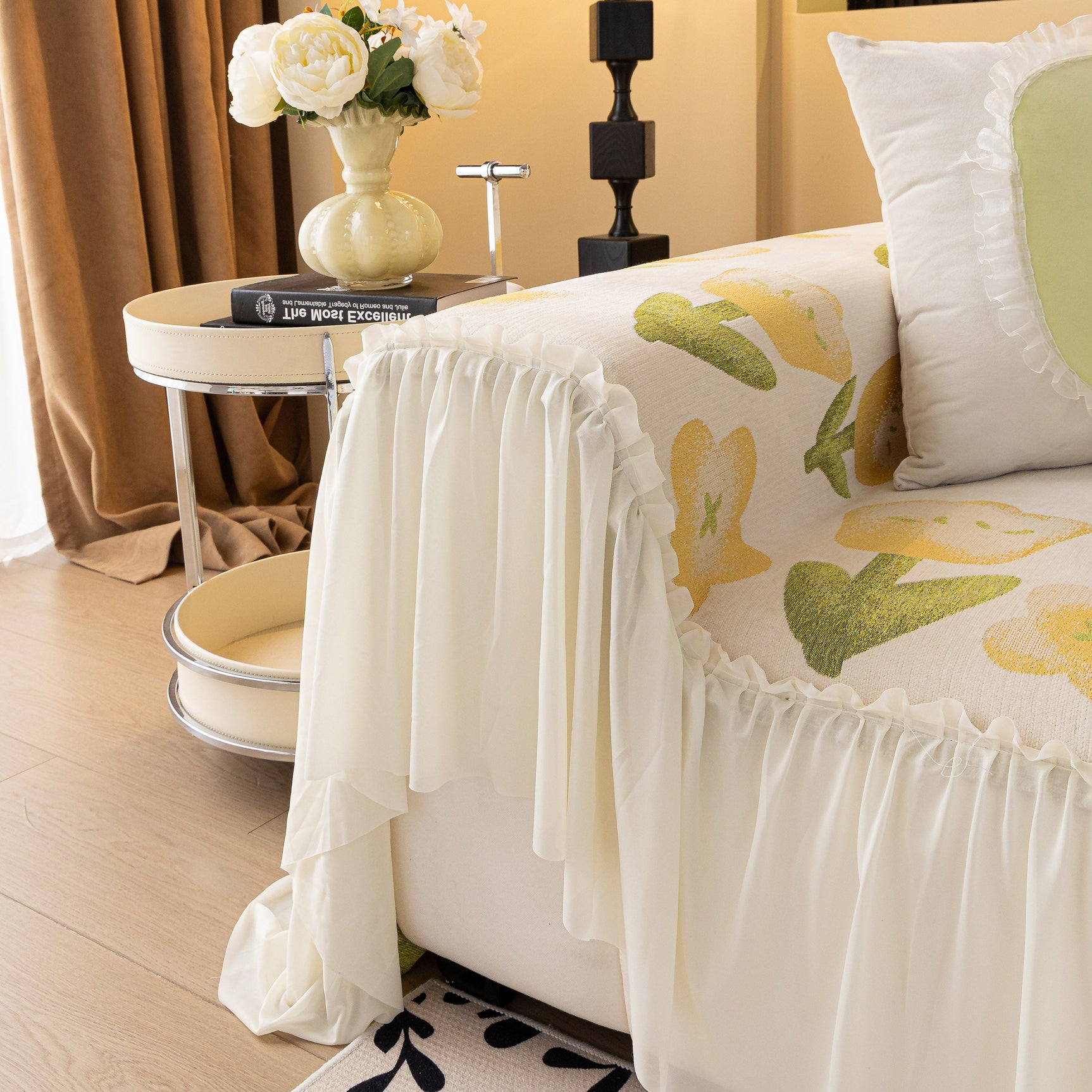 Ruffled Sweet Floral Sofa Cover with Skirt, Soft and Decorative Couch Throw Cover - Ornate Home