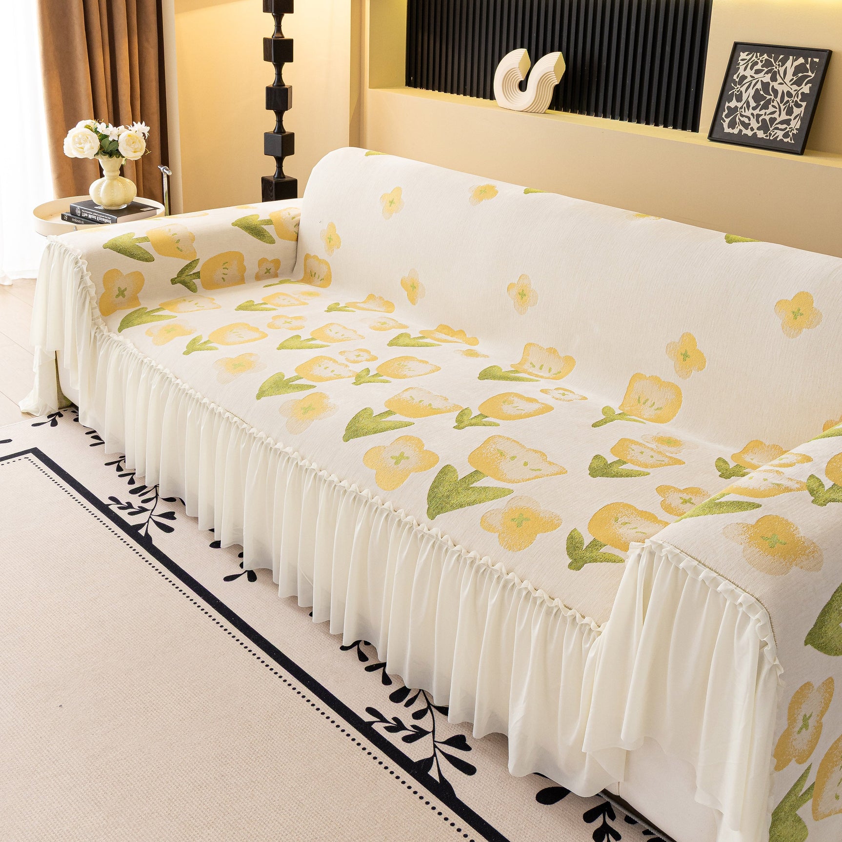 Ruffled Sweet Floral Sofa Cover with Skirt, Soft and Decorative Couch Throw Cover - Ornate Home