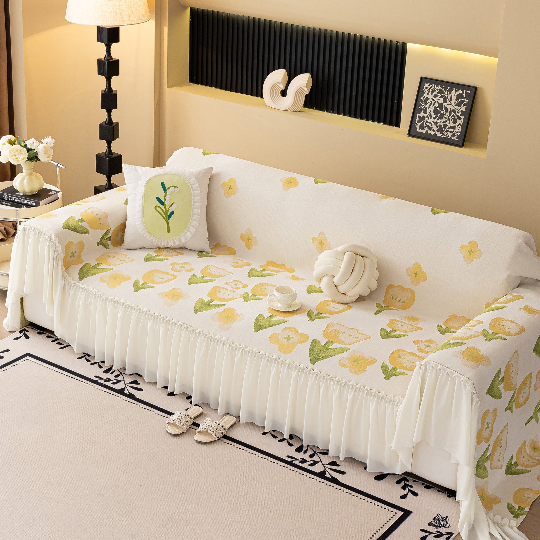 Ruffled Sweet Floral Sofa Cover with Skirt, Soft and Decorative Couch Throw Cover - Ornate Home