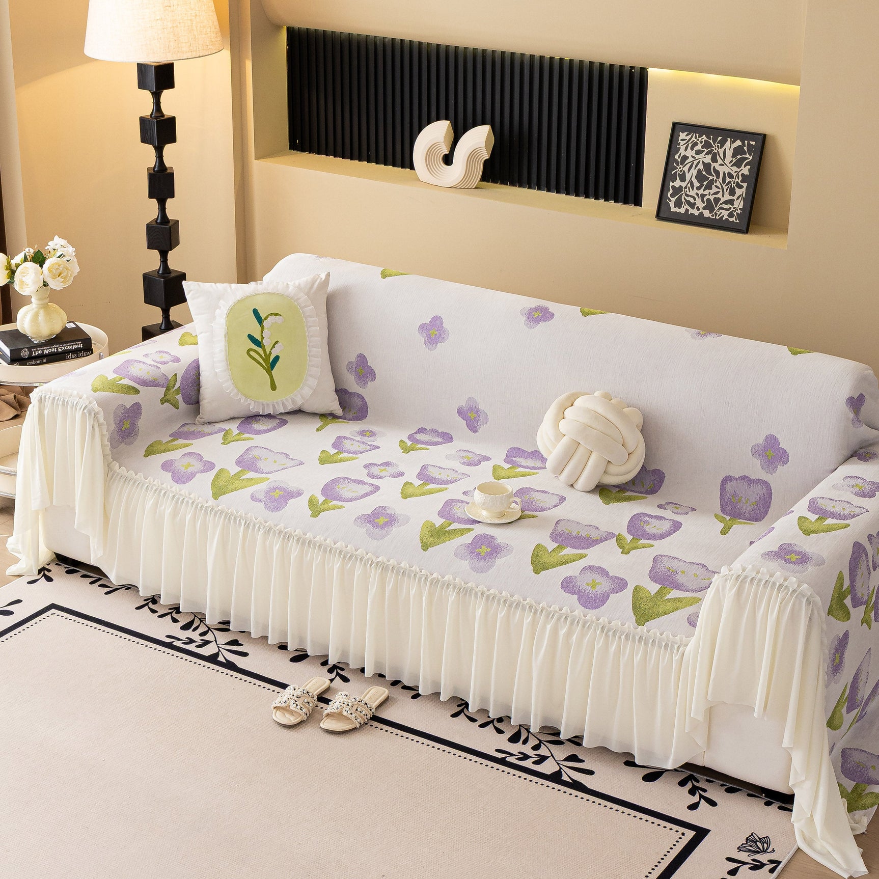 Ruffled Sweet Floral Sofa Cover with Skirt, Soft and Decorative Couch Throw Cover - Ornate Home
