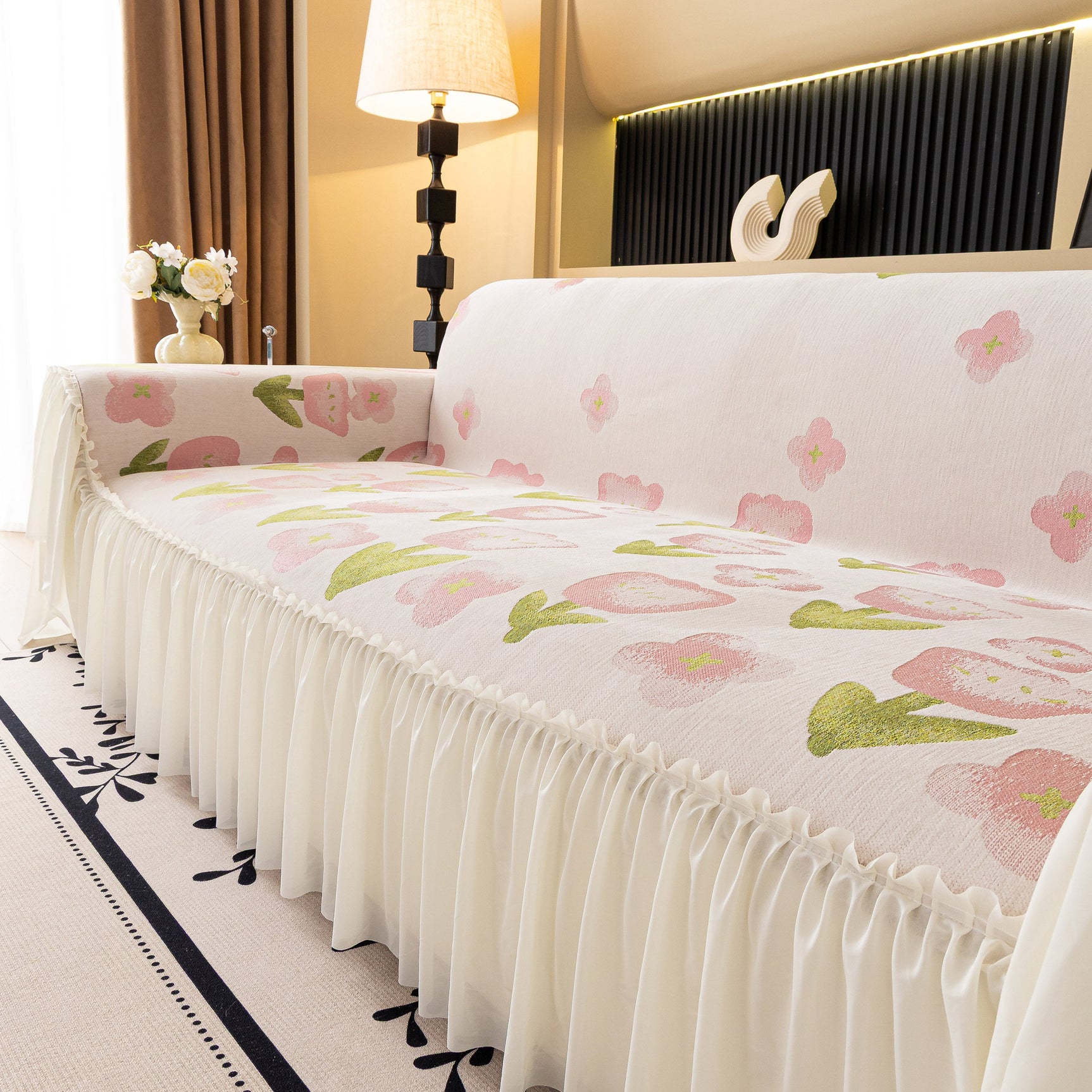 Ruffled Sweet Floral Sofa Cover with Skirt, Soft and Decorative Couch Throw Cover - Ornate Home