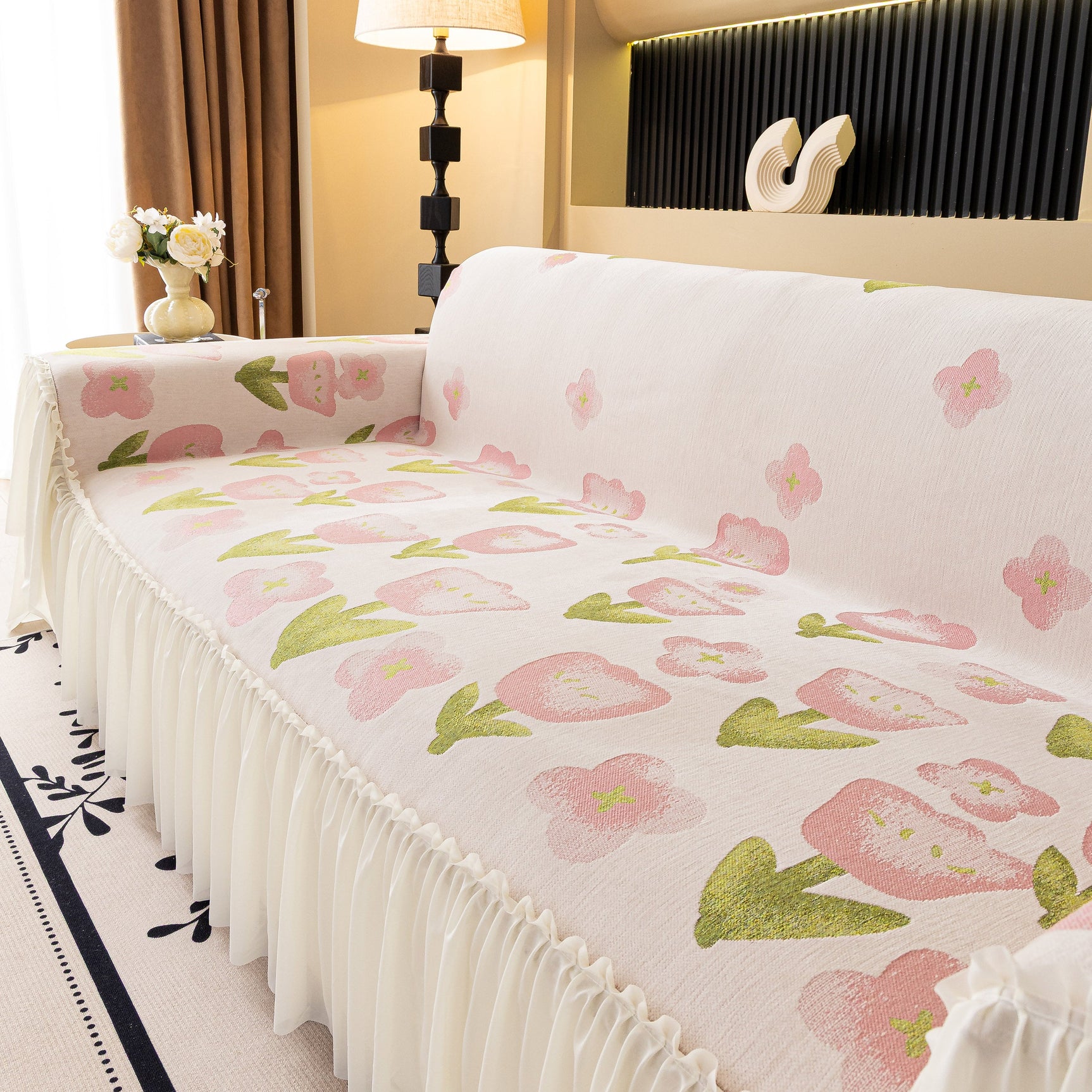 Ruffled Sweet Floral Sofa Cover with Skirt, Soft and Decorative Couch Throw Cover - Ornate Home