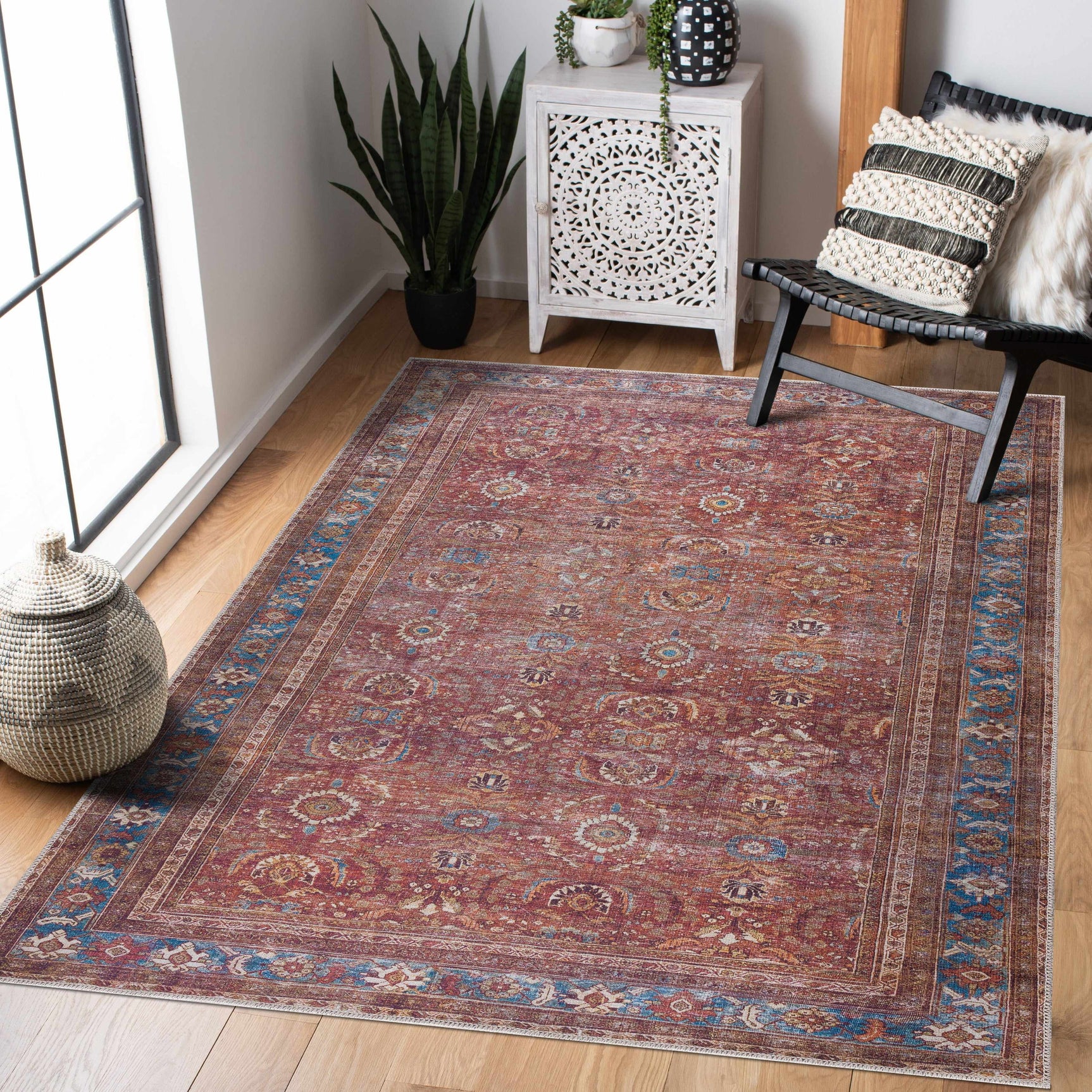 Rust Baki Traditional Washable Area Rug - Clearance - Ornate Home