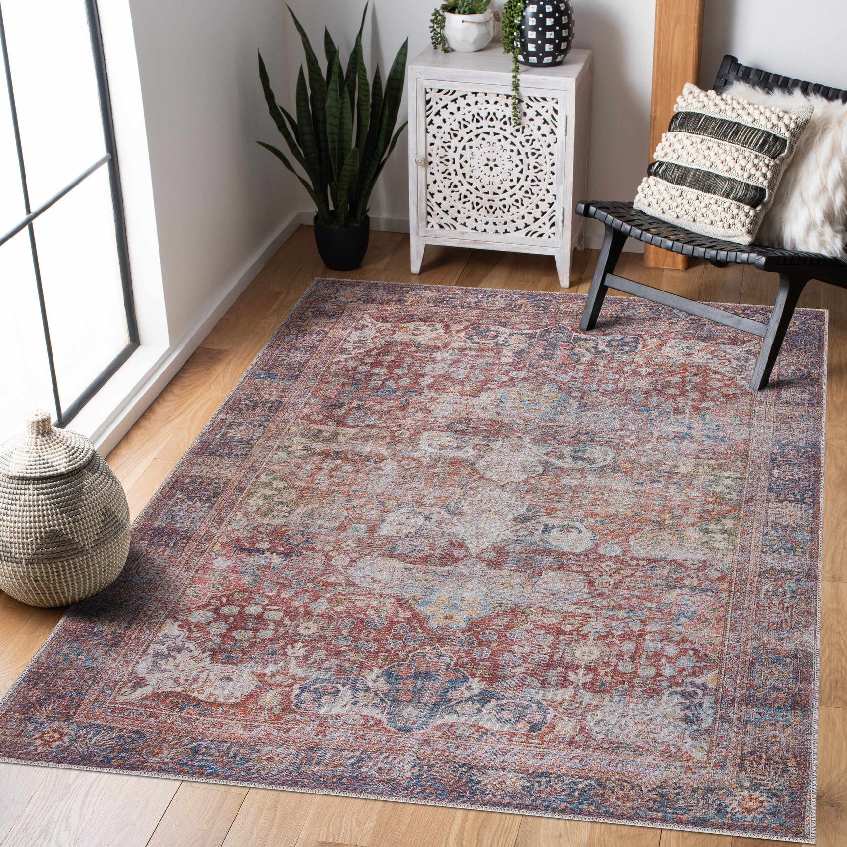 Rust Elki Vintage Medallion Washable Area Rug - Clearance - Ornate Home
