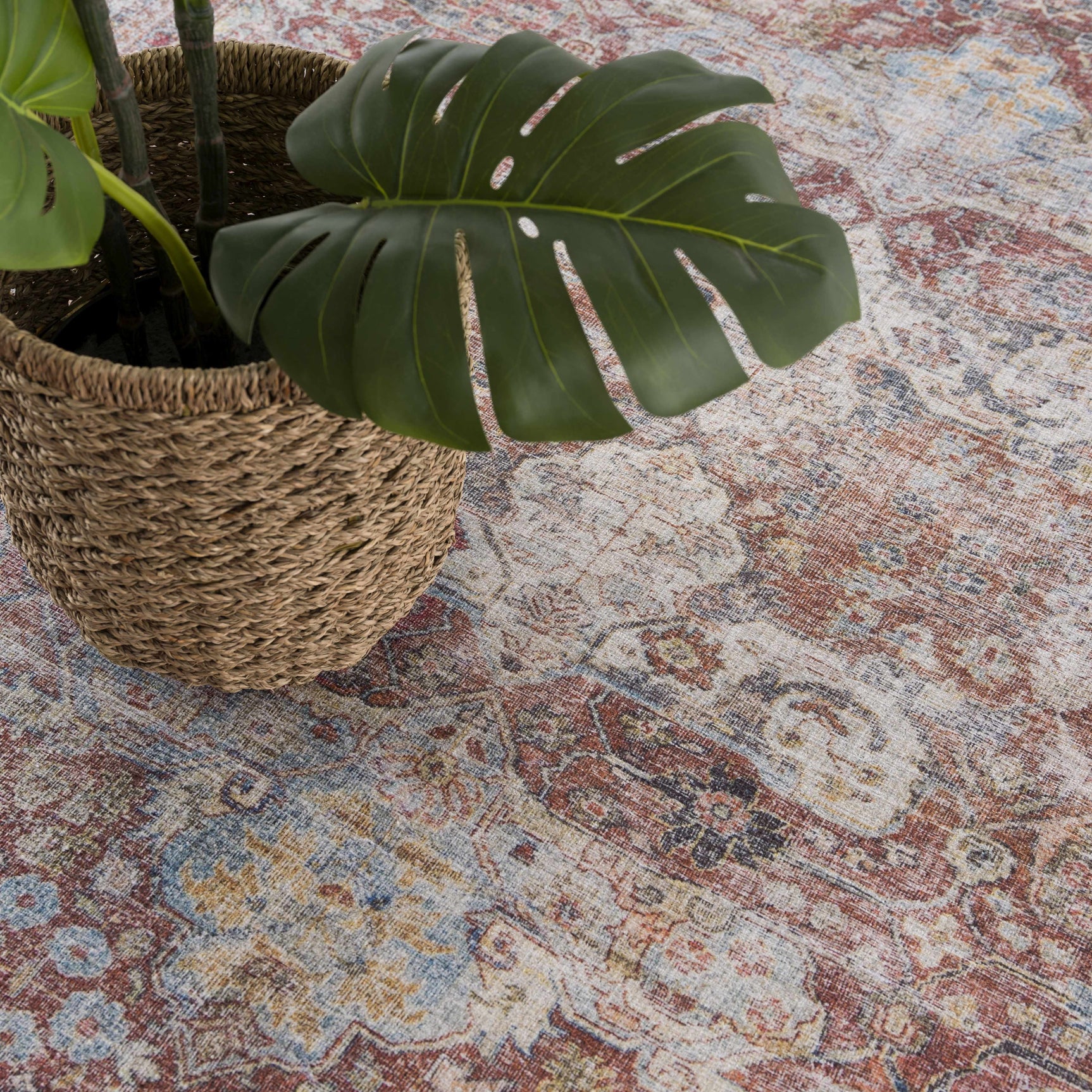Rust Elki Vintage Medallion Washable Area Rug - Clearance - Ornate Home