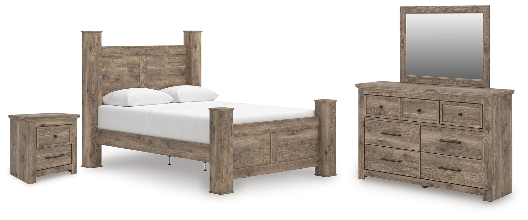 Rusticott Brown Queen Poster Bed, Dresser, Mirror and Nightstand - Ornate Home