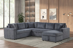 Ruxley Gray 123"W Corduroy Sleeper Sectional Sofa with Right-Facing Storage Chaise - Ornate Home