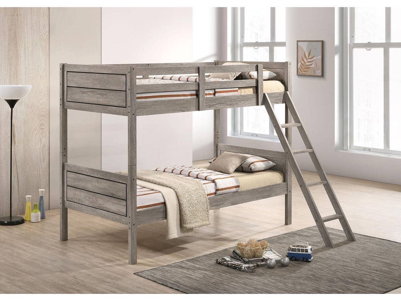 Ryder Weathered Taupe Wood Twin Over Twin Bunk Bed with Mattress - Ornate Home