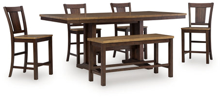 Rylandeen Light Brown/Dark Brown Counter Height Extension Dining Table 4 Barstools and Bench - Ornate Home