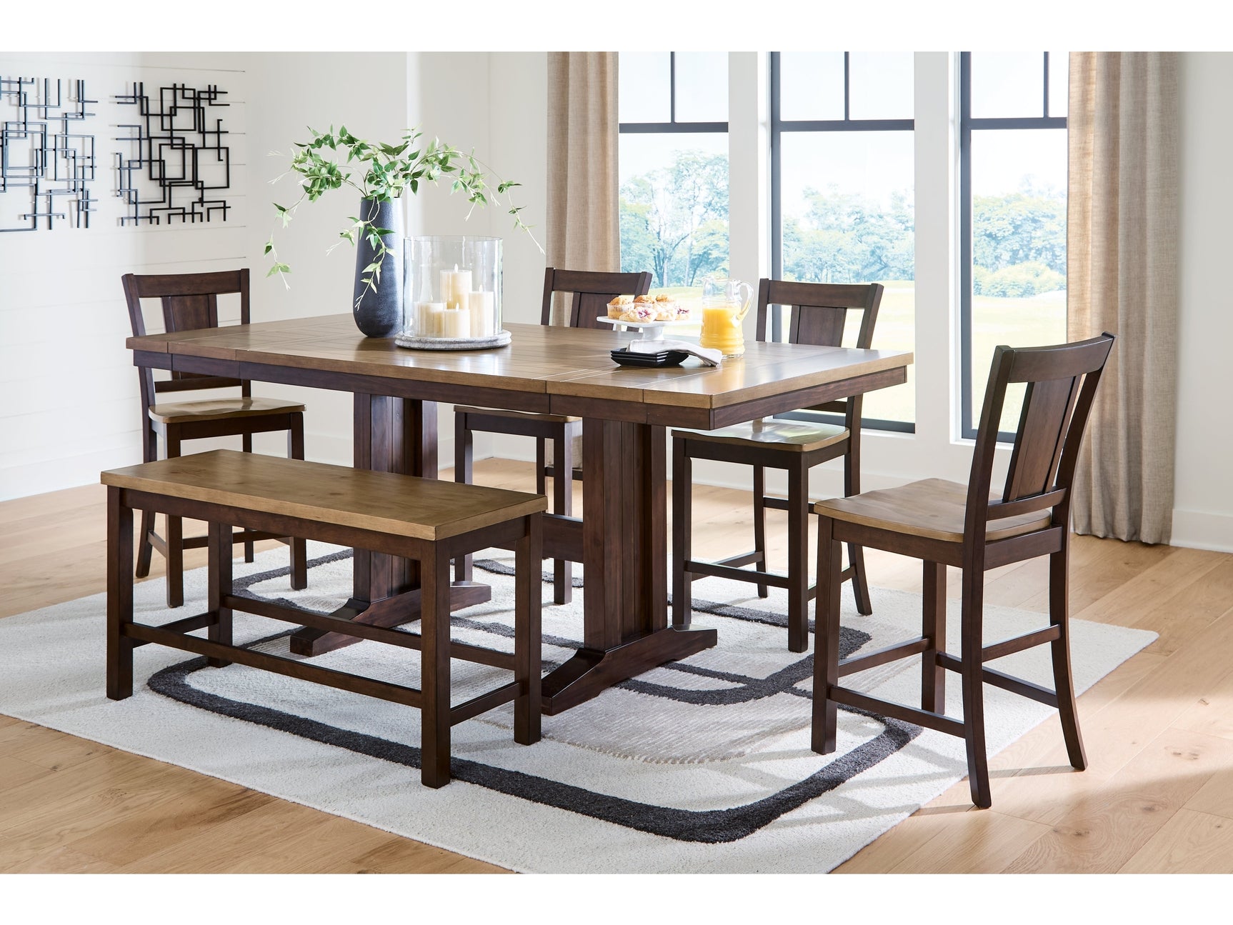Rylandeen Light Brown/Dark Brown Counter Height Extension Dining Table 4 Barstools and Bench - Ornate Home