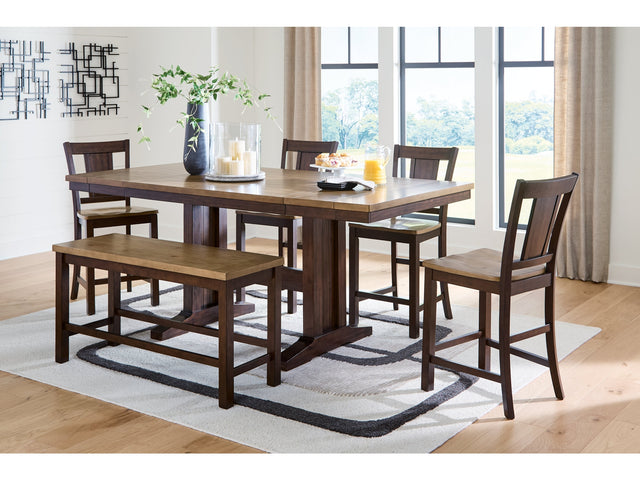 Rylandeen Light Brown/Dark Brown Counter Height Extension Dining Table 4 Barstools and Bench - Ornate Home