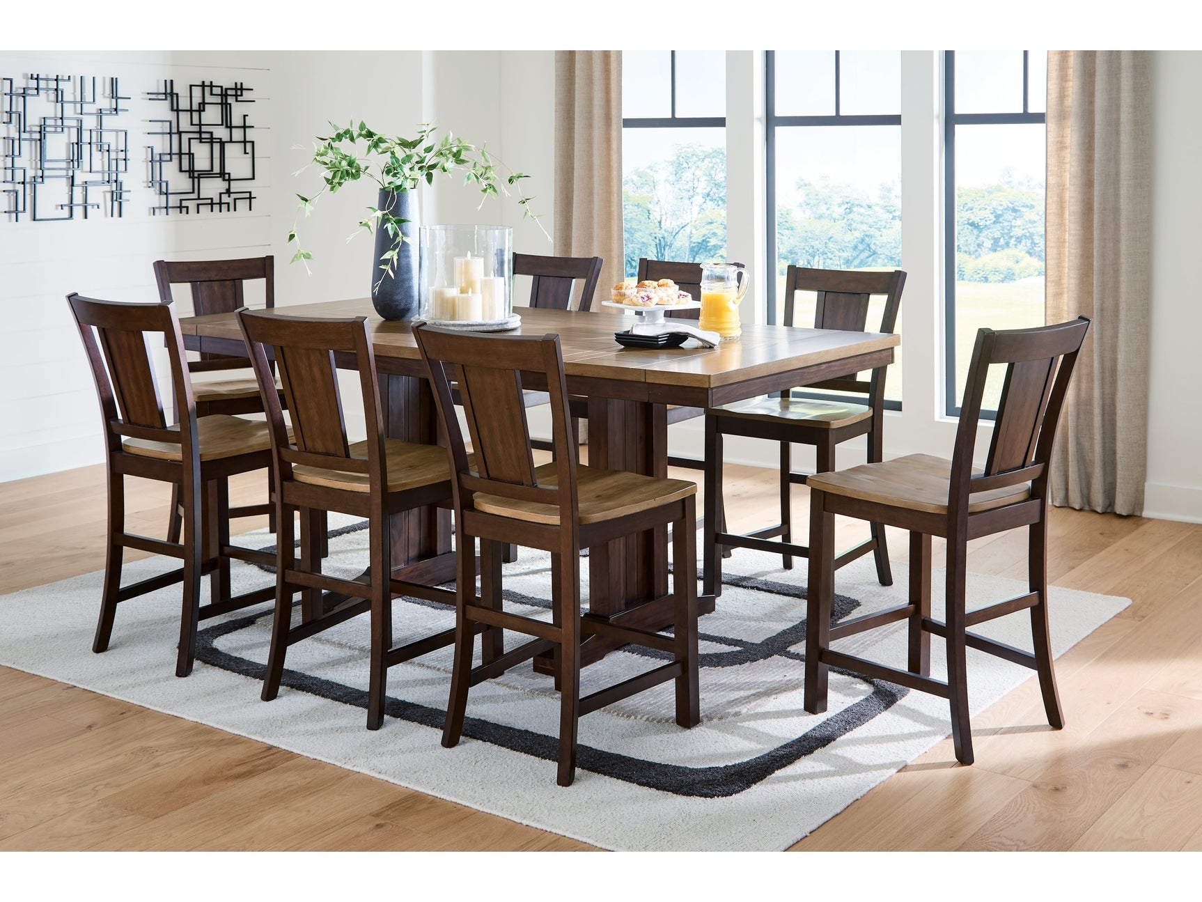 Rylandeen Light Brown/Dark Brown Counter Height Extension Dining Table and 8 Barstools - Ornate Home