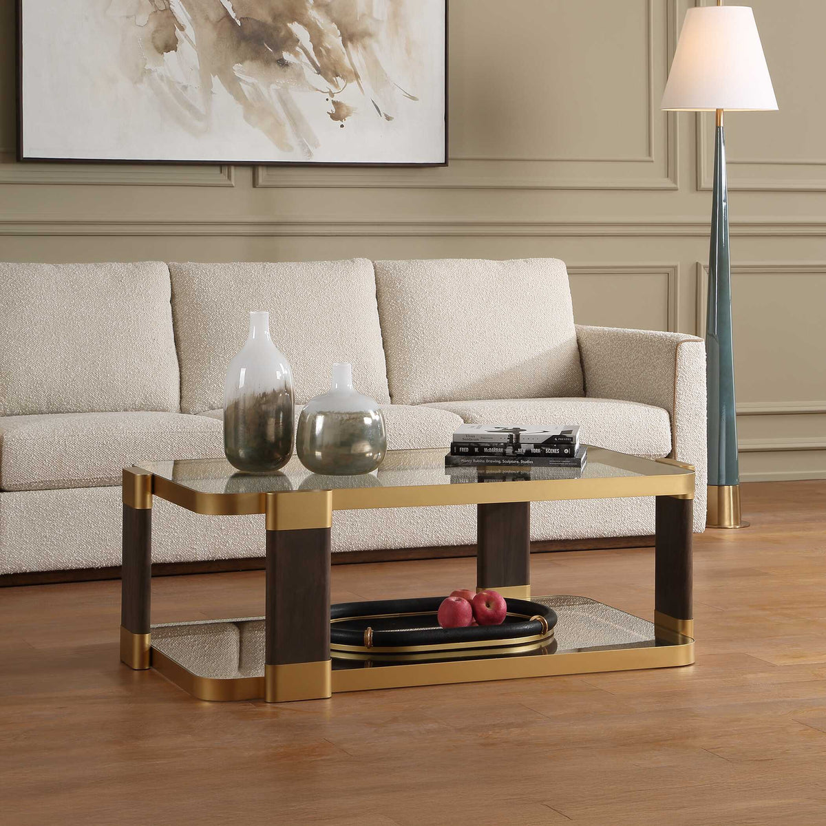 Ryles Brass/Brown/Woodtone Glass Coffee Table - Ornate Home