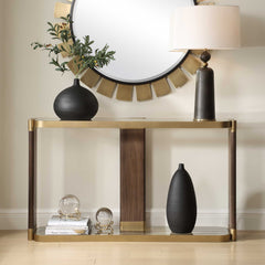 Ryles Brass/Brown/Woodtone Glass Console Table - Ornate Home