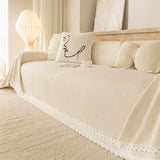 Sofa Cover Throw with Lace Trim & Pom-Pom Fringe, Decorative Couch Cover Blanket