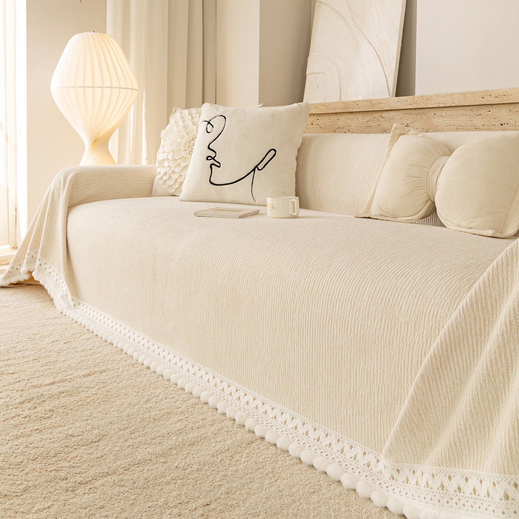 Sofa Cover Throw with Lace Trim & Pom-Pom Fringe, Decorative Couch Cover Blanket