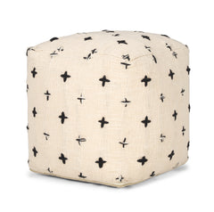 Saanvi Cream/Black Wool Stitched Cross Patterned Pouf - Ornate Home