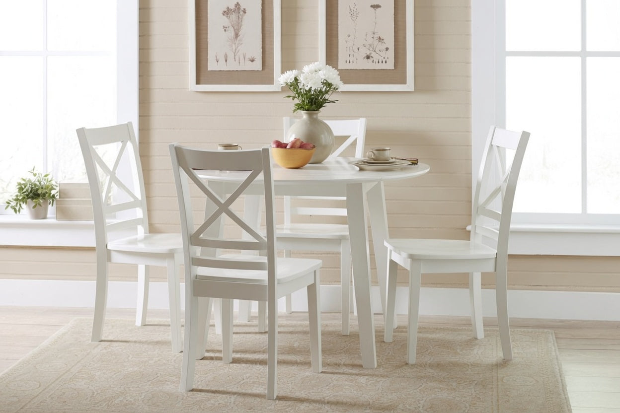 Simplicity Paperwhite Round Drop Leaf Dining Table w/ 4 X-Back Chairs
