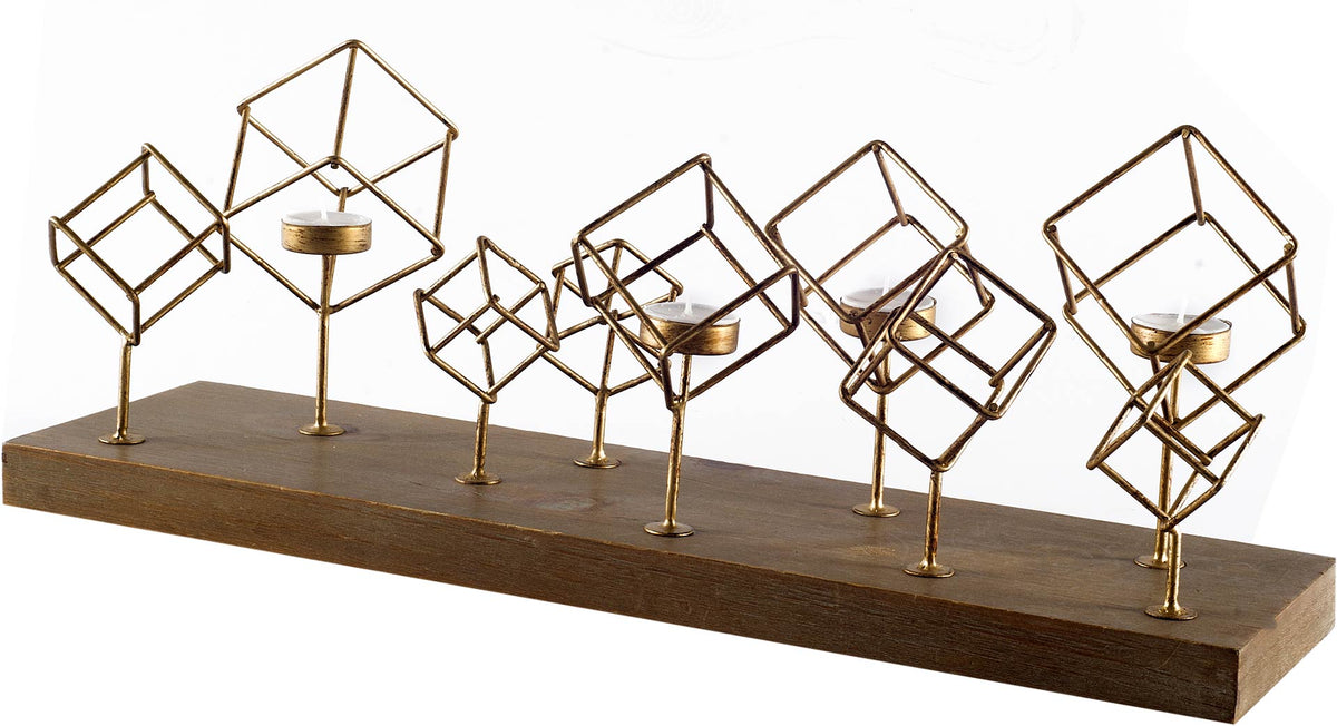Salvador Brass Wood Base Cube Tea Light Table Candle Holder - Ornate Home