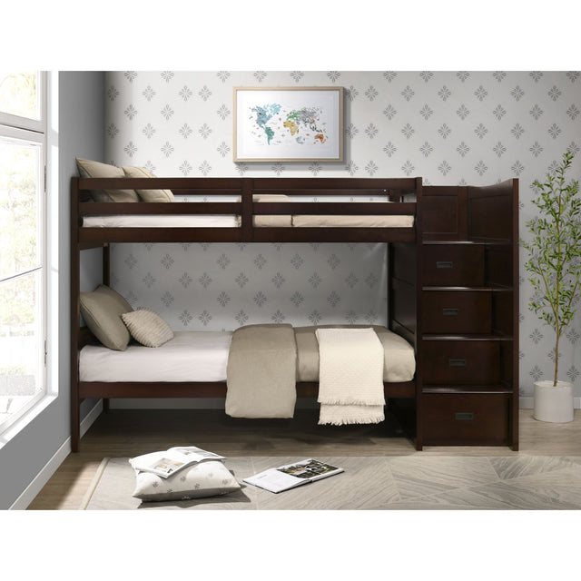 Sami Espresso Over Twin Step Bunk Bed with Right HB - Ornate Home