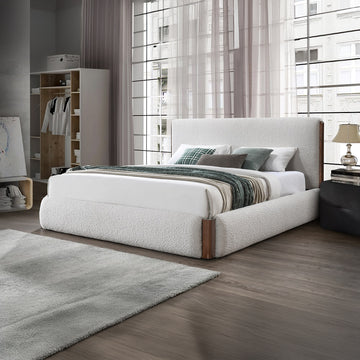 Sandro White Boucle / Walnut Finish Eastern King Bed - Ornate Home