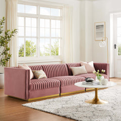 Sanguine Dusty Rose Channel Tufted Performance Velvet 3-Seat Modular Sectional Sofa - Ornate Home