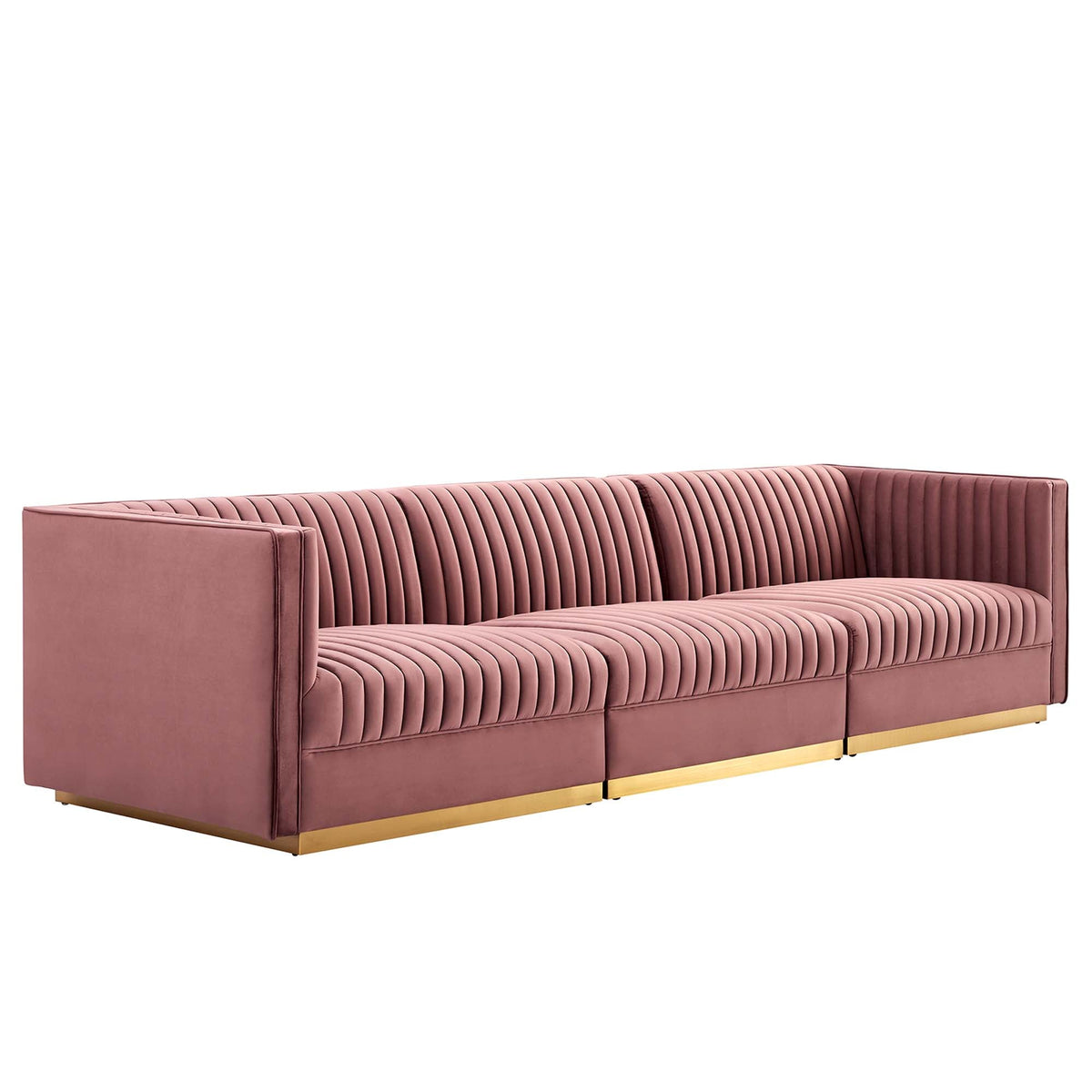 Sanguine Dusty Rose Channel Tufted Performance Velvet 3-Seat Modular Sectional Sofa - Ornate Home