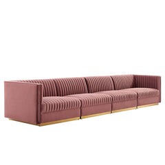 Sanguine Dusty Rose Channel Tufted Performance Velvet 4-Seat Modular Sectional Sofa - Ornate Home