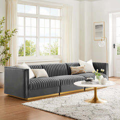 Sanguine Gray Channel Tufted Performance Velvet 3-Seat Modular Sectional Sofa - Ornate Home