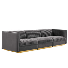 Sanguine Gray Channel Tufted Performance Velvet 3-Seat Modular Sectional Sofa - Ornate Home