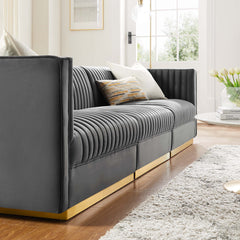 Sanguine Gray Channel Tufted Performance Velvet 3-Seat Modular Sectional Sofa - Ornate Home