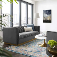 Sanguine Gray Vertical Channel Tufted Performance Velvet Sofa - Ornate Home
