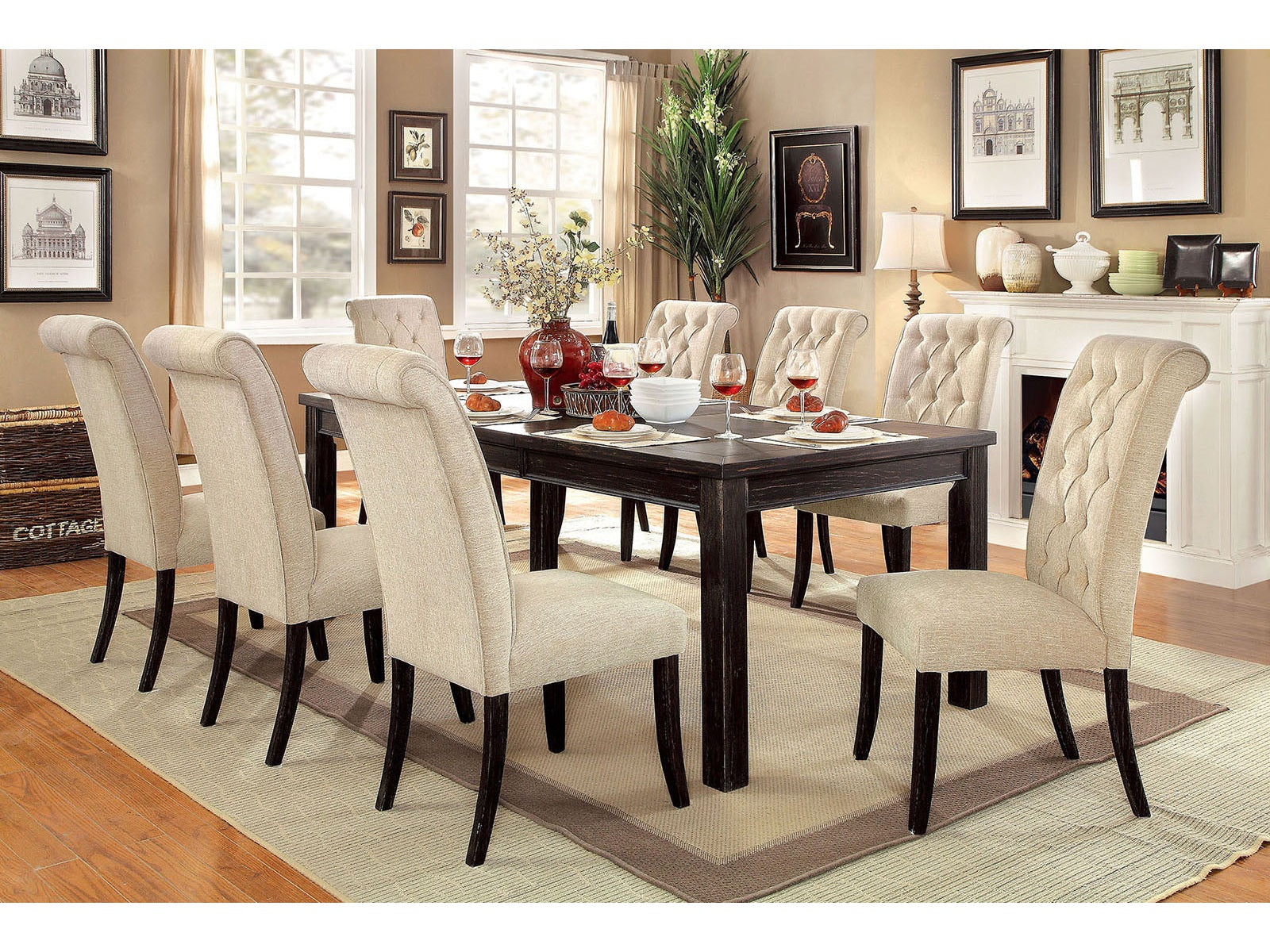 Sania Antique Black/Beige 9 Pc. Dining Room Set - Ornate Home