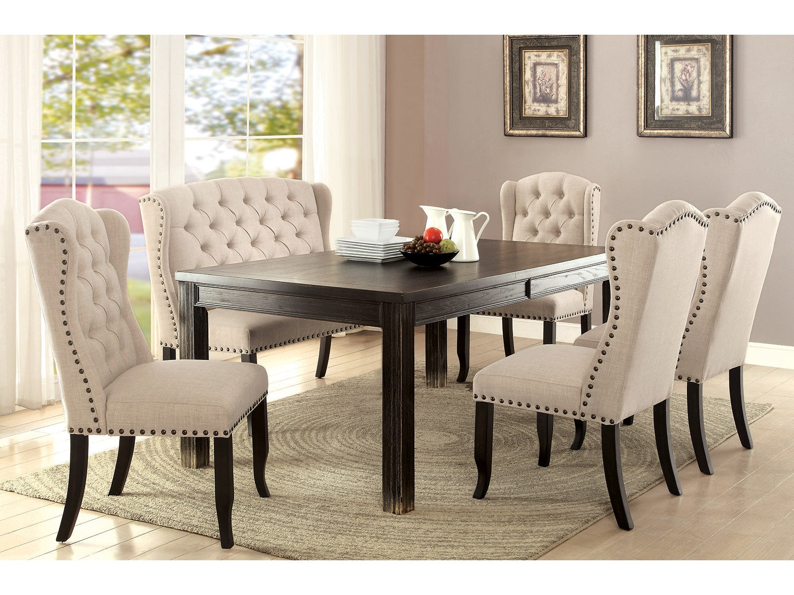 Sania Antique Black/Beige Table & 4 Chairs & 2-Seater Bench - Ornate Home