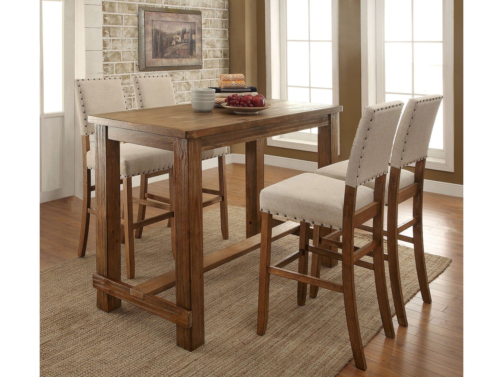 Sania Rustic Oak 5 Pc. Bar Ht. Dining Room Set - Ornate Home