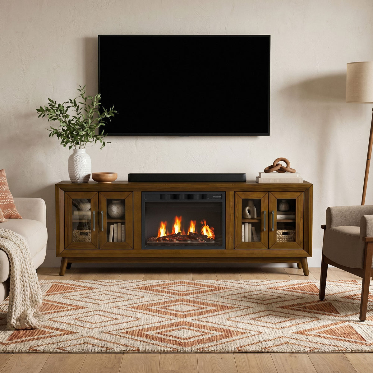 Santa Barbara Walnut 70" TV Console with 23" Fireplace Insert (Ships in 2 Boxes) - Ornate Home