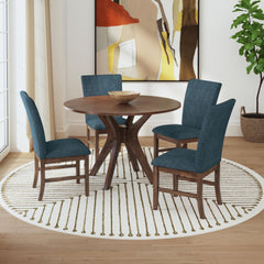 Santa Barbara Walnut/Denim Blue 5-Piece Standard Height Dining Set with Round Table & Four Fabric Chairs - Ornate Home